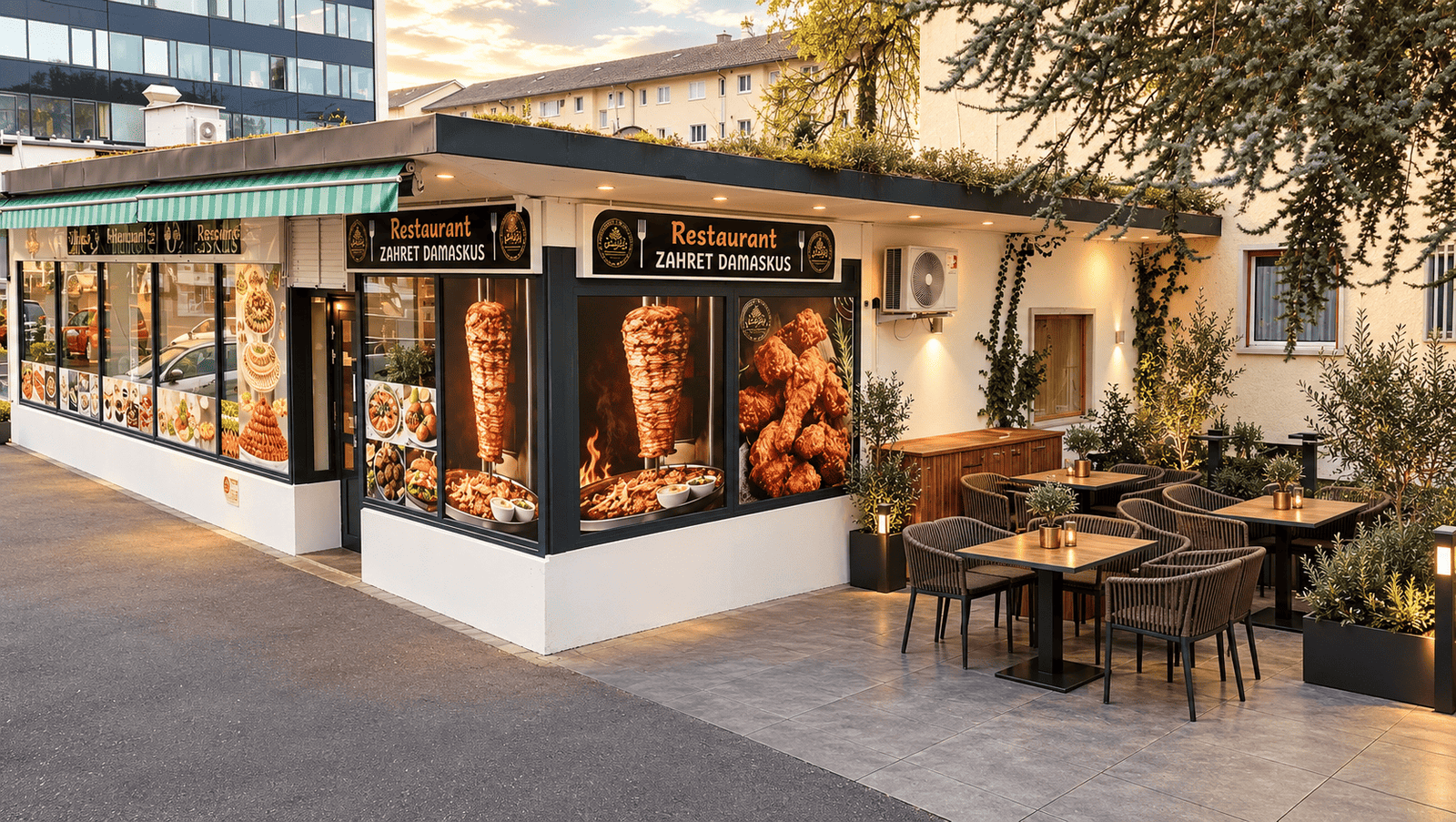 Aussenansicht mit Terrasse des Zahrat Damaskus Restaurants in Dietikon